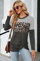 Leopard Striped Round Neck T-Shirt - Trendsi