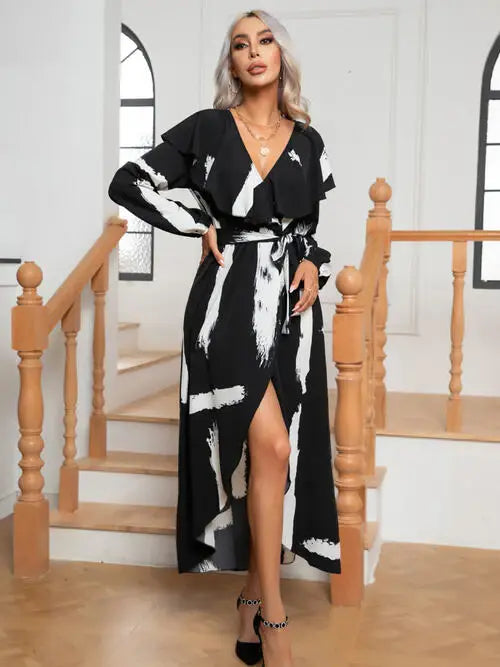 Printed Tie Front Ruffle Trim Long Sleeve Dress - Trendsi - Flyclothing LLC
