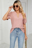 Eyelet Short Puff Sleeve Notched Neck Top - Trendsi - Flyclothing LLC
