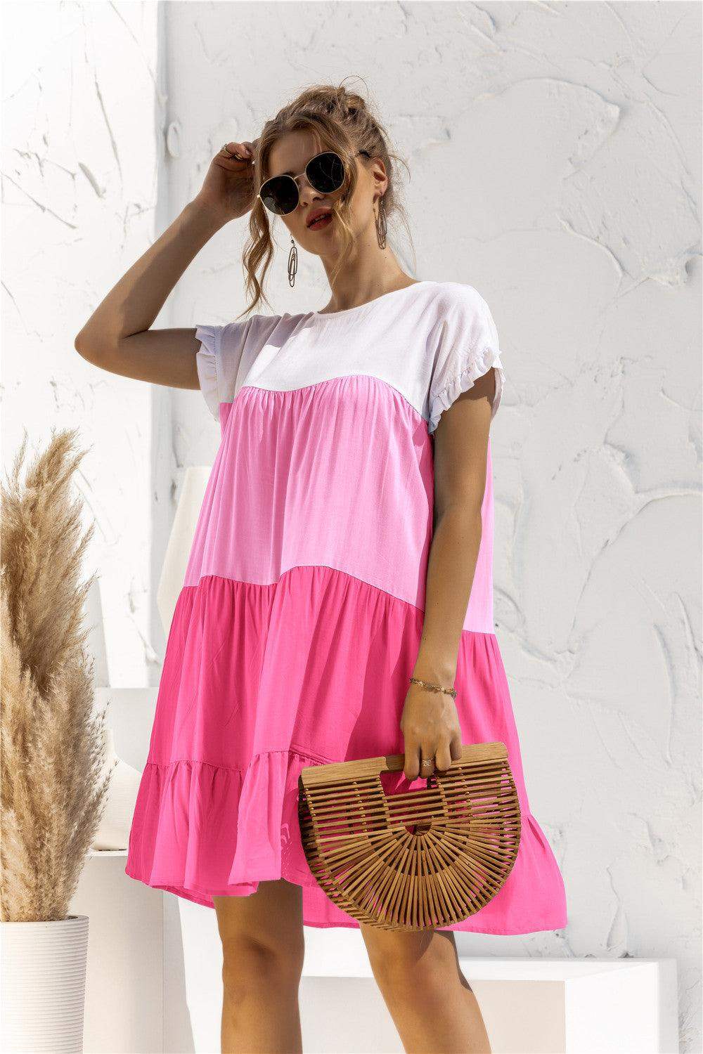 Color Block Round Neck Ruffle Hem Dress - Trendsi - Flyclothing LLC