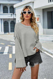 High-Low Slit Round Neck Long Sleeve Sweater - Trendsi - Flyclothing LLC