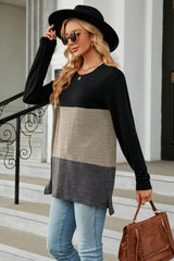 Color Block Round Neck Long Sleeve Slit T-Shirt - Trendsi