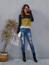 Color Block Round Neck Long Sleeve T-Shirt - Trendsi - Flyclothing LLC