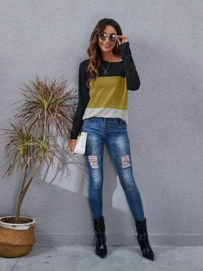 Color Block Round Neck Long Sleeve T-Shirt - Trendsi - Flyclothing LLC