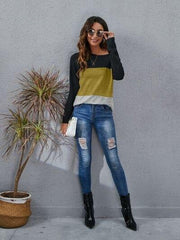 Color Block Round Neck Long Sleeve T-Shirt - Trendsi