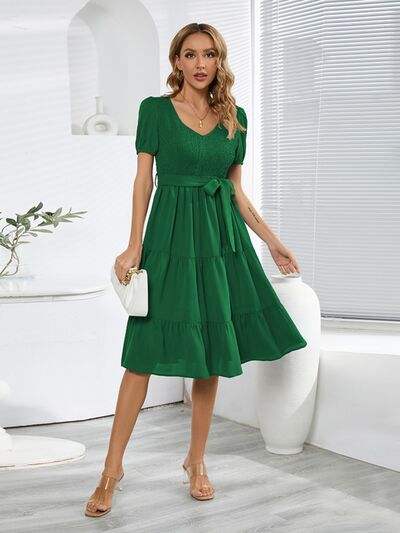 Smocked Tie Front Short Sleeve Tiered Dress - Trendsi - Flyclothing LLC