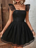Ruffled Square Neck Fishnet A-Line Dress - Trendsi