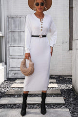 Notched Neck Dropped Shoulder Button-Down Midi Dress - Trendsi - Flyclothing LLC