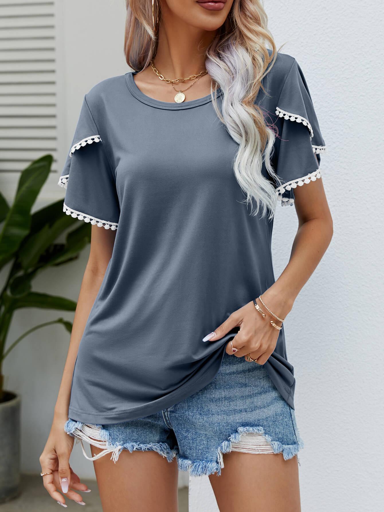 Pom-Pom Trim Flutter Sleeve Round Neck Tee - Trendsi - Flyclothing LLC