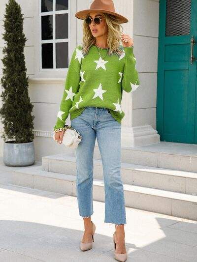 Star Round Neck Dropped Shoulder Sweater - Trendsi - Flyclothing LLC