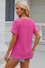 Eyelet V-Neck Short Sleeve T-Shirt - Trendsi - Flyclothing LLC