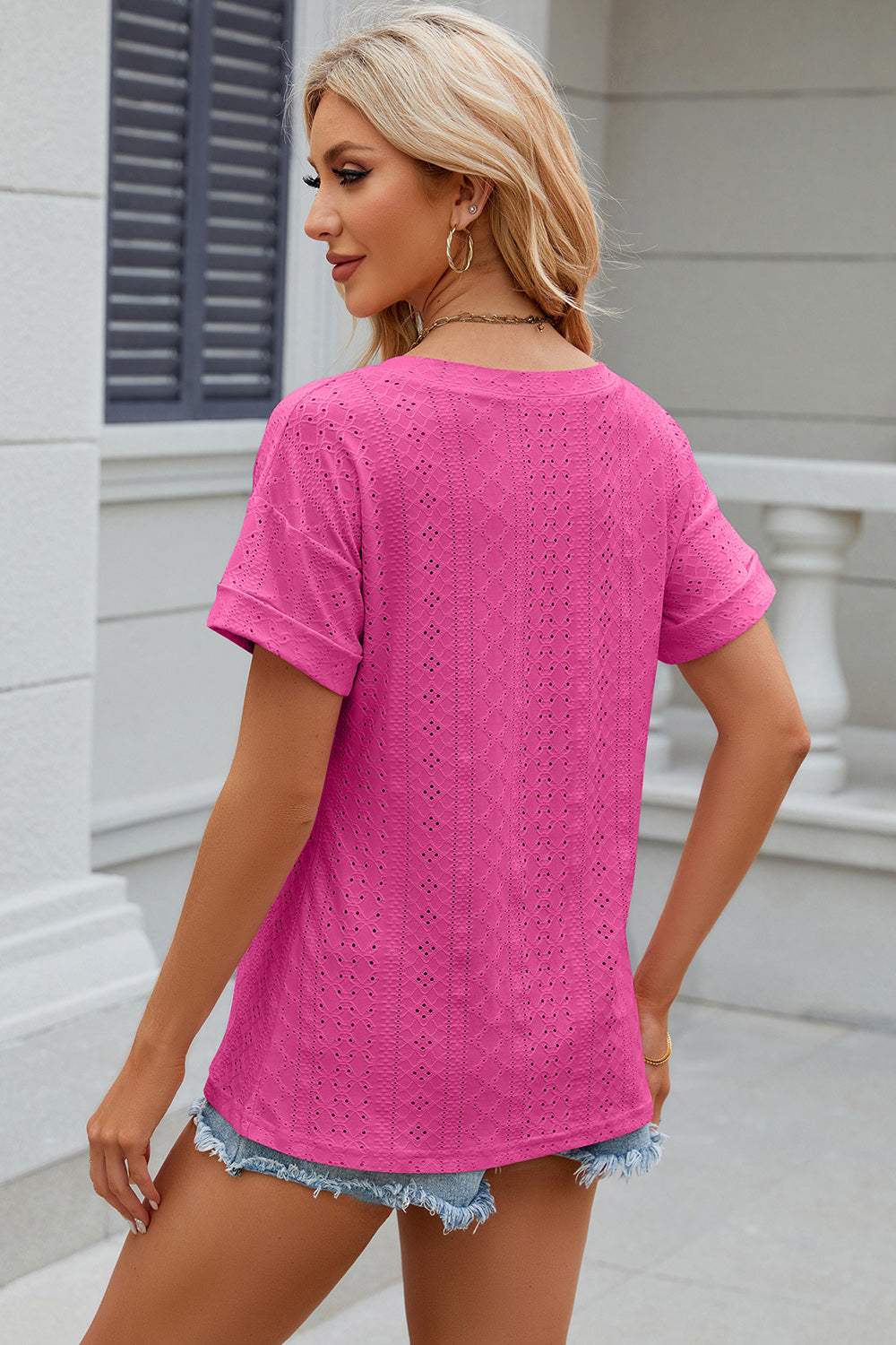 Eyelet V-Neck Short Sleeve T-Shirt - Trendsi - Flyclothing LLC