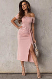 Off-Shoulder Short Sleeve Split Dress - Trendsi - Flyclothing LLC