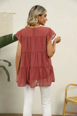 Swiss Dot Round Neck Tiered Blouse - Trendsi - Flyclothing LLC