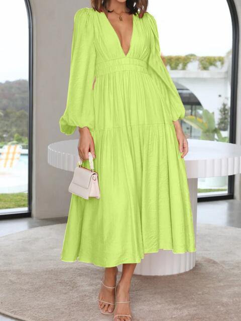 Deep V-Neck Balloon Sleeve Plain Maxi Dress - Trendsi