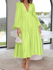 Deep V-Neck Balloon Sleeve Plain Maxi Dress - Trendsi