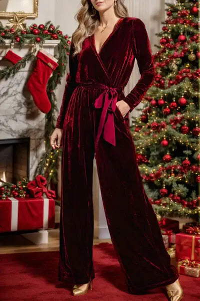 Tie Waist Long Sleeve Wide Leg Jumpsuit - Trendsi - Flyclothing LLC