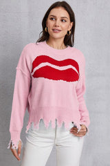 Lip Fringe Round Neck Sweater - Trendsi