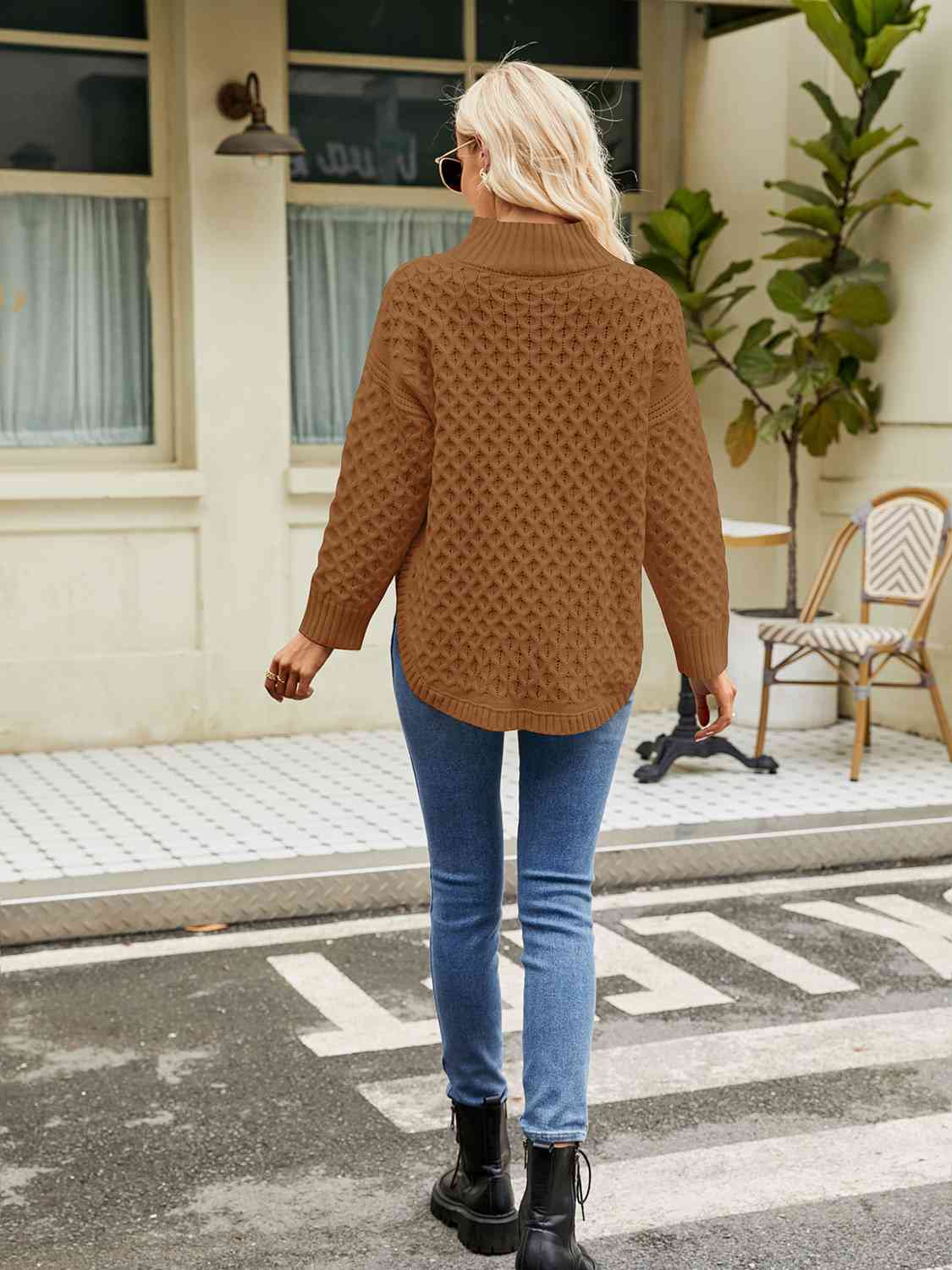 Mock Neck Slit Sweater - Trendsi - Flyclothing LLC