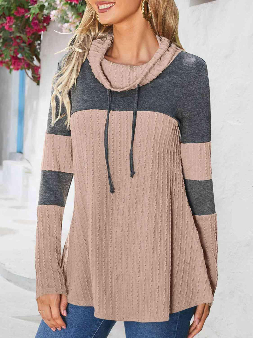 Contrast Drawstring Long Sleeve Top - Trendsi