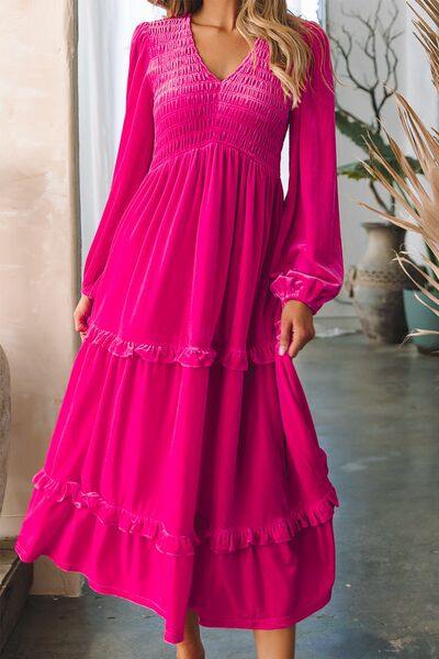 Frill V-Neck Balloon Sleeve Tiered Dress - Trendsi