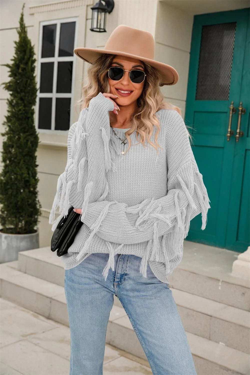 Ribbed Round Neck Fringe Detail Sweater - Trendsi - Flyclothing LLC