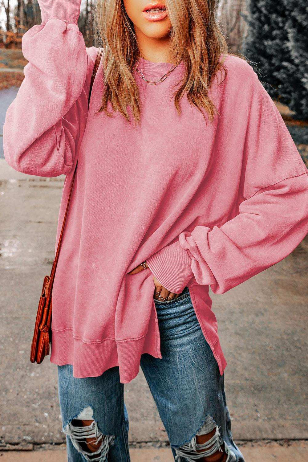 Dropped Shoulder Round Neck Long Sleeve Blouse - Trendsi - Flyclothing LLC