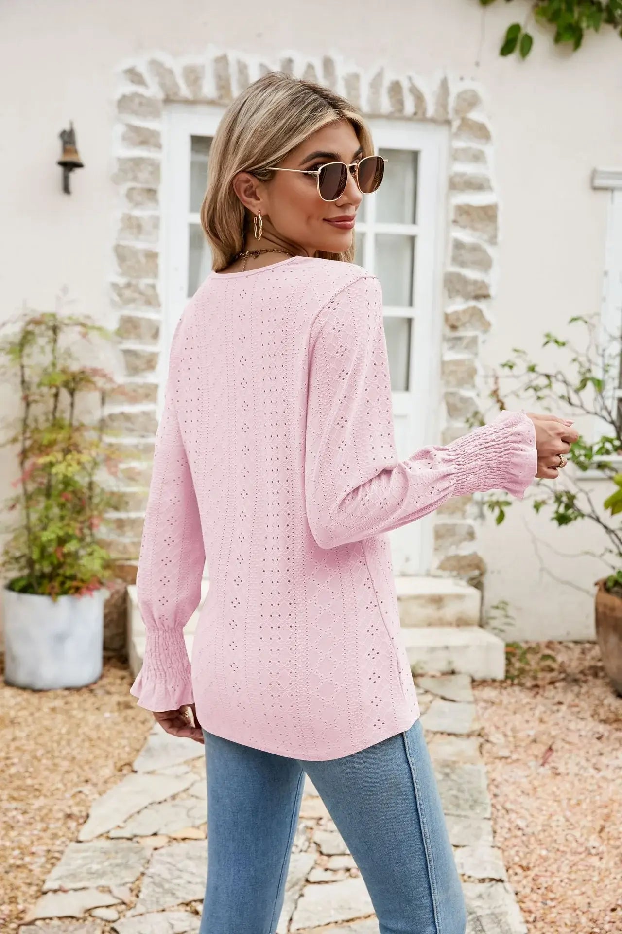 Eyelet V-Neck Smocked Flounce Sleeve Blouse - Trendsi - Flyclothing LLC
