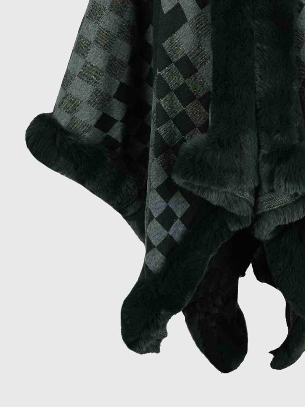 Checkered Faux Fur Trim Poncho - Trendsi - Flyclothing LLC
