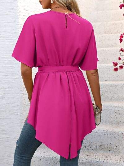 Tied Round Neck Half Sleeve Blouse - Trendsi - Flyclothing LLC