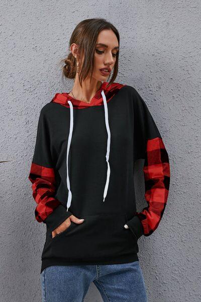 Plaid Drawstring Dropped Shoulder Hoodie - Trendsi