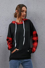 Plaid Drawstring Dropped Shoulder Hoodie - Trendsi