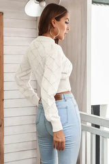 Openwork Plaid Round Neck Cropped Sweater - Trendsi - Flyclothing LLC