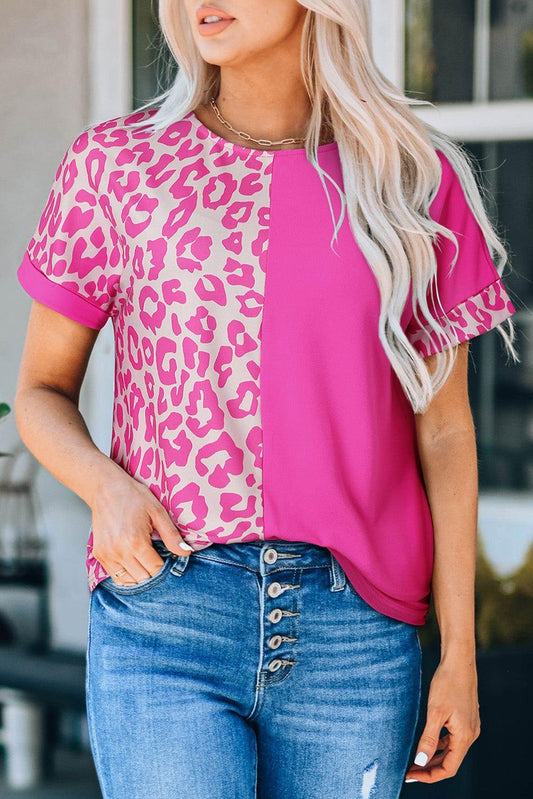Leopard Two-Tone Round Neck Tee - Trendsi
