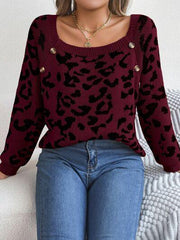 Leopard Buttoned Square Neck Sweater - Trendsi
