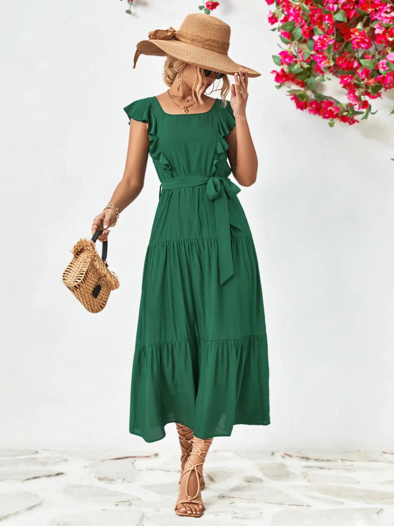 Tie Belt Ruffled Tiered Dress - Trendsi - Flyclothing LLC