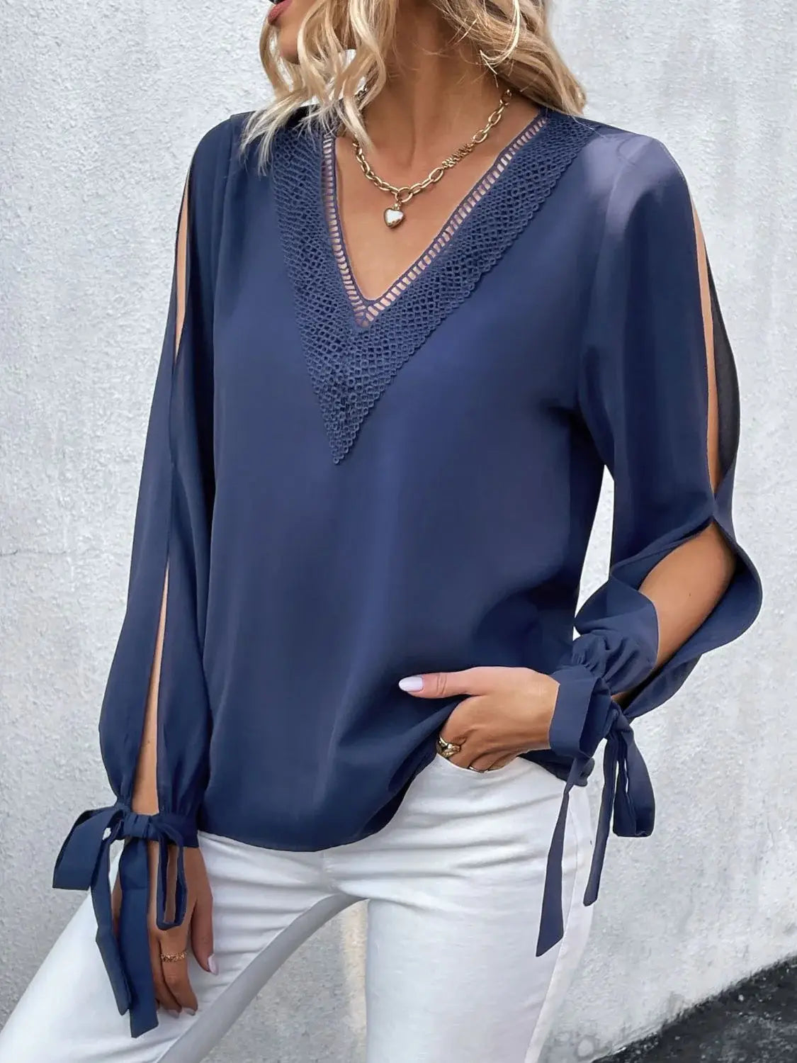 V-Neck Tie Cuff Slit Blouse - Trendsi - Flyclothing LLC