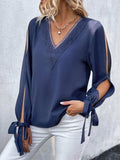 V-Neck Tie Cuff Slit Blouse - Trendsi - Flyclothing LLC