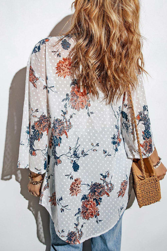 Floral Three-Quarter Sleeve Open Front Cardigan - Trendsi - Flyclothing LLC