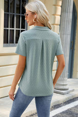 Pocketed Johnny Collar Short Sleeve Blouse - Trendsi - Flyclothing LLC