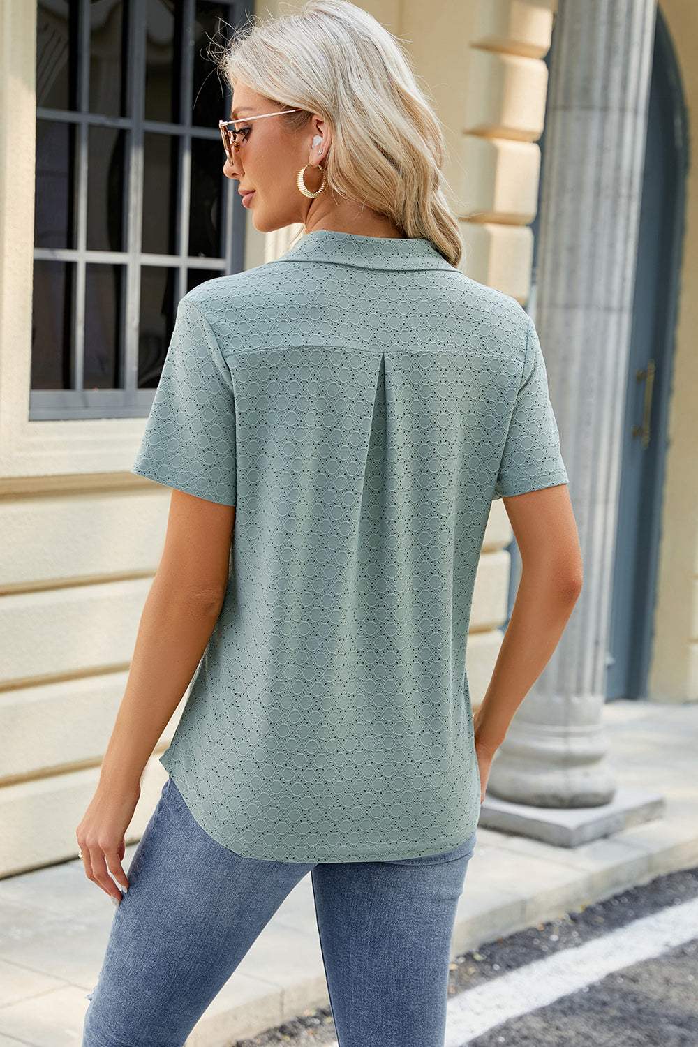 Pocketed Johnny Collar Short Sleeve Blouse - Trendsi - Flyclothing LLC