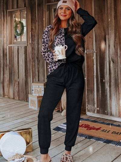 Leopard Round Neck Sweatshirt and Pants Lounge Set - Trendsi - Flyclothing LLC