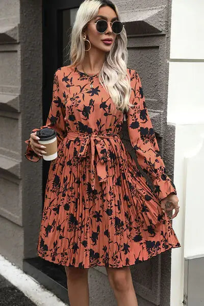 Tie-Waist Printed Pleated Mini Dress - Trendsi - Flyclothing LLC