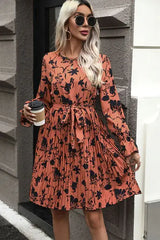 Tie-Waist Printed Pleated Mini Dress - Trendsi - Flyclothing LLC