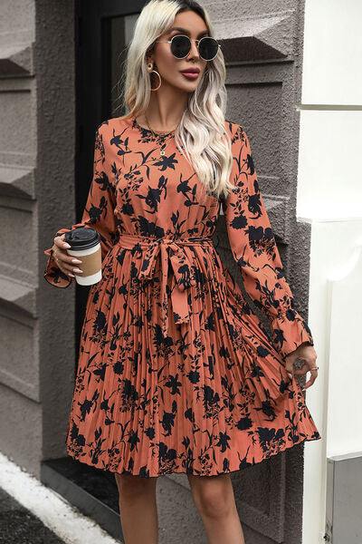 Tie-Waist Printed Pleated Mini Dress - Flyclothing LLC