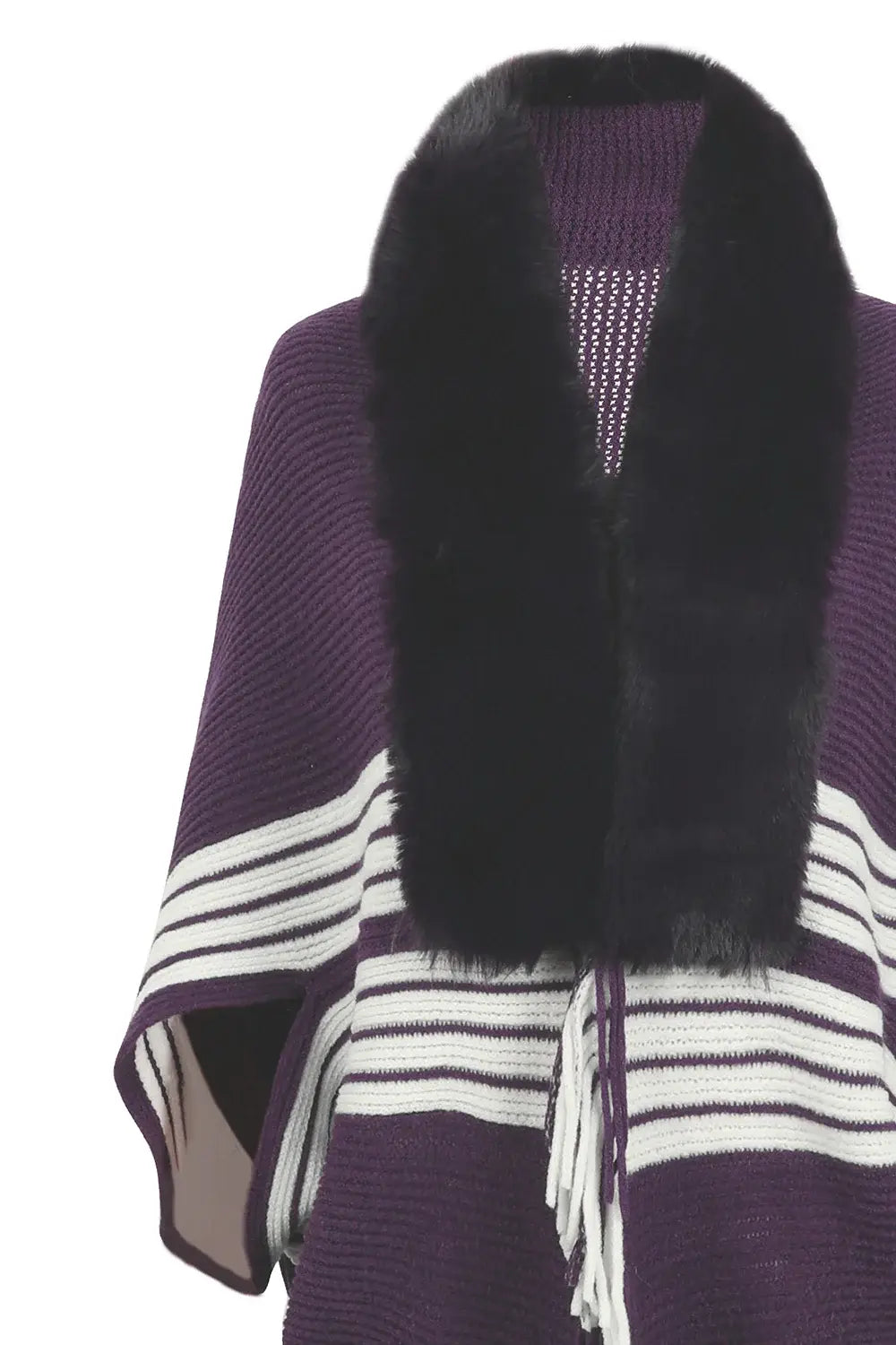 Striped Fringe Detail Long Sleeve Poncho - Trendsi - Flyclothing LLC