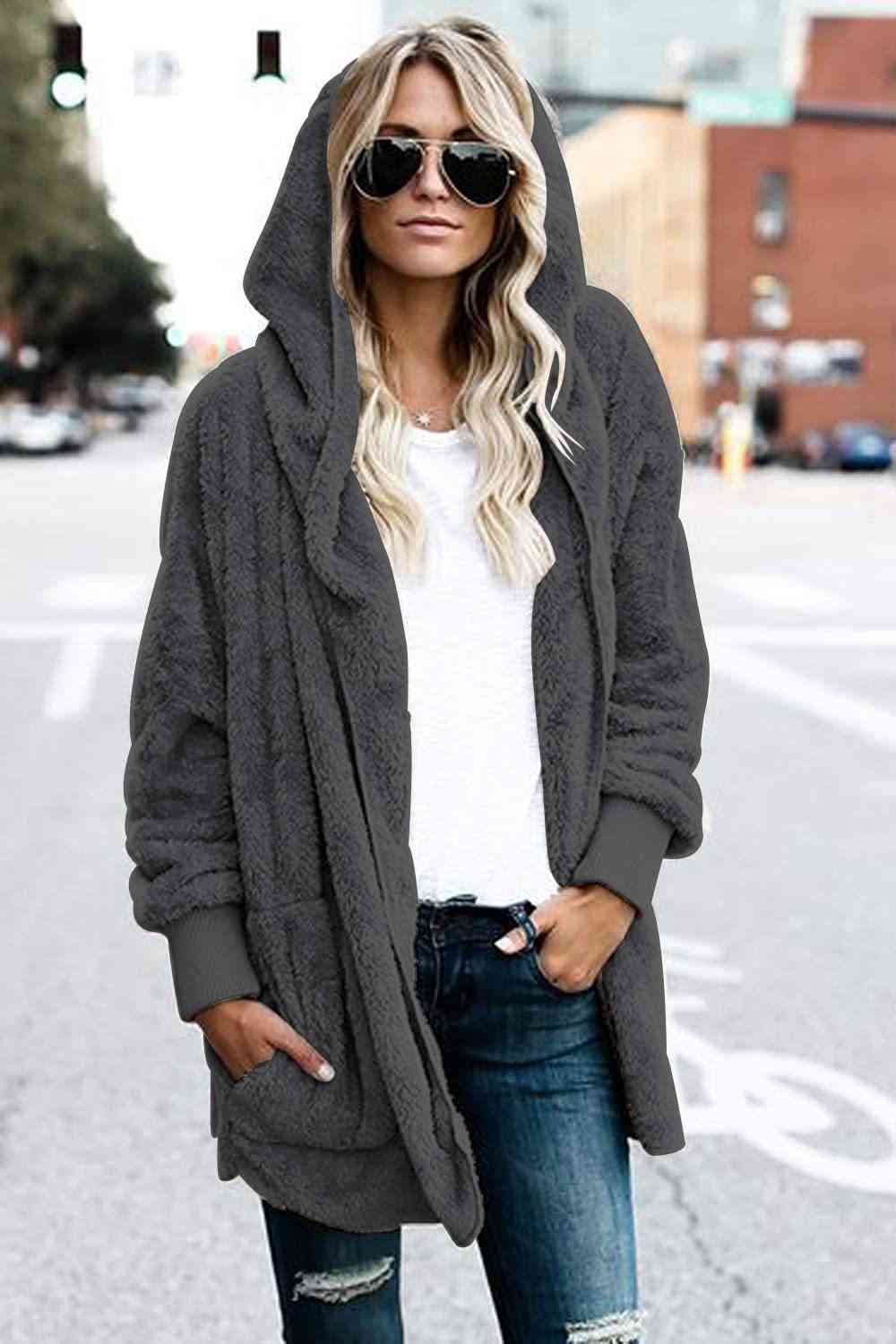 Teddy Hooded Jacket with Pockets - Trendsi - Flyclothing LLC