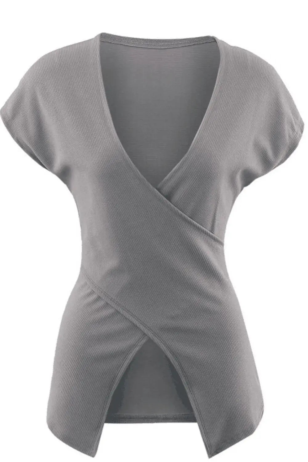 Ribbed Surplice Neck Slit Top - Trendsi - Flyclothing LLC