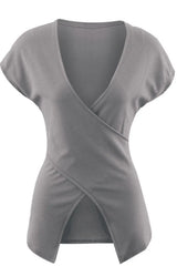Ribbed Surplice Neck Slit Top - Trendsi - Flyclothing LLC