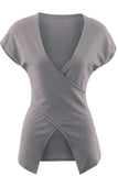 Ribbed Surplice Neck Slit Top - Trendsi - Flyclothing LLC